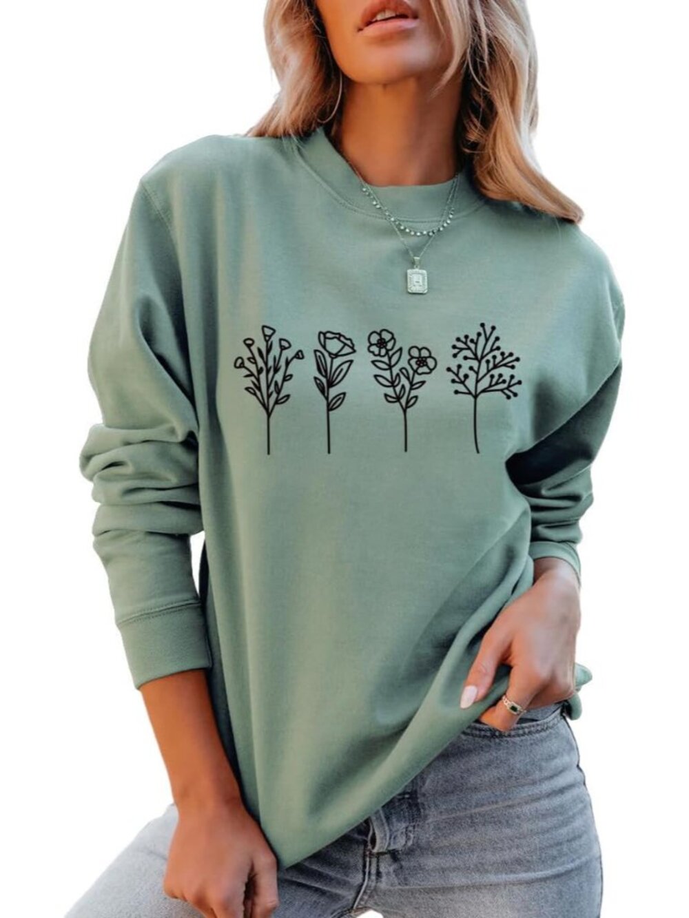 Flower Sweatshirt Womens 80s Vintage Minimalistic Floral Printed Long Sleeves Sw